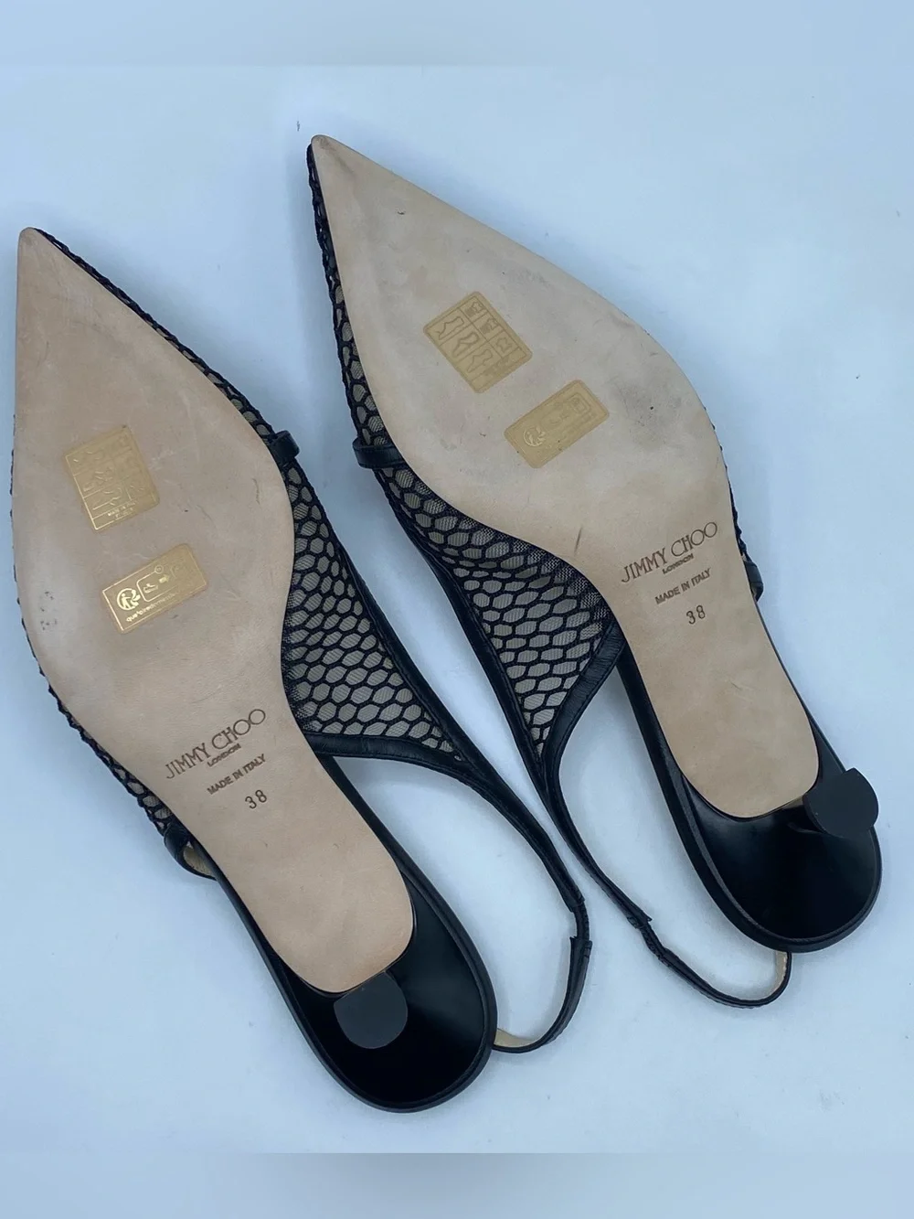 Jimmy Choo Amita 45 Black Mesh Pointed Slingback Pumps with Pearl Accent